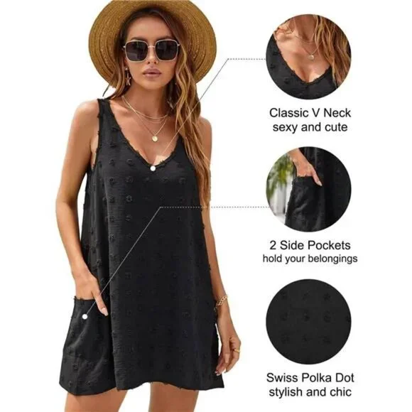 Womens Swiss Polka Dot V Neck Tank Dress Beach Cover Up Pockets Summer Casual - Picture 3 of 6